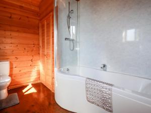 ボドミンにあるWillow Lodgeのバスルーム(白いバスタブ、トイレ付)