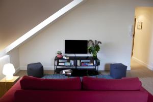 ein Wohnzimmer mit einem Sofa und einem TV in der Unterkunft Les Appartements d'Alexandre in Le Palais