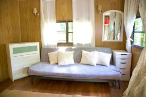 - une chambre avec un canapé et des oreillers dans l'établissement Cozy 3BDR Pocono Mountain House, à Gouldsboro