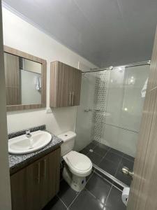y baño con aseo, lavabo y ducha. en Hermoso apartamento completo 2 habitaciones - ubicación excelente para transporte al parque del café y PANACA, en Armenia