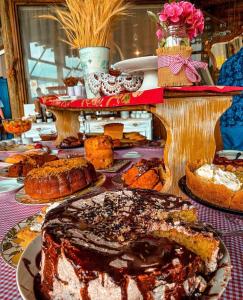a table topped with different types of cakes and pies at Tedesco Eco Park in São Francisco de Paula