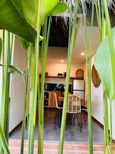 una habitación con una mesa y algunas plantas en La Reserva Villas Bali, en Jimbaran