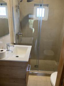 a bathroom with a sink and a shower at Casa dos Sobreiros 