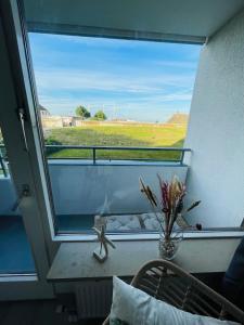 a room with a window with a view of a field at Apartment Fischkoker mit Meerblick und Pool in Dahme