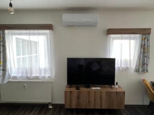 a living room with a flat screen tv and two windows at Apartmán Champion II in Pilsen