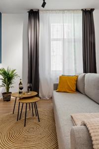 ein Wohnzimmer mit einem Sofa und einem Tisch in der Unterkunft VD Boutique Apartments No 1 Bucharest in Bukarest