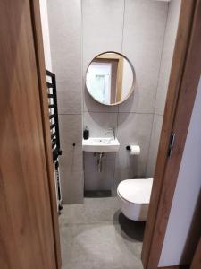 a bathroom with a white toilet and a mirror at Apartament z klimatyzacją in Krakow