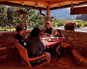 un gruppo di persone sedute a tavola che mangiano cibo di Holiday cottage & food Plav a Plav