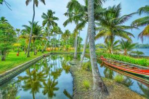 una piscina di acqua con palme e barche di Ameya Kerala a Alleppey