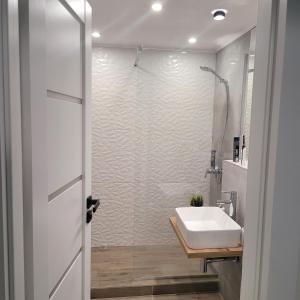 un bagno con un lavandino bianco e una doccia di Hermann Apartment a Cluj-Napoca