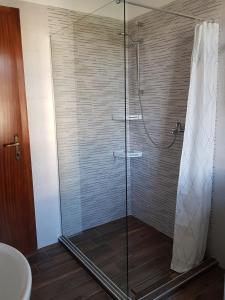 una doccia con una porta in vetro in un bagno di La Casa delle Magnolie a San Canzian dʼlsonzo Altre 17 foto