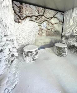 ein Bild von zwei Bänken im Schnee in der Unterkunft das Balance - Spa & Golf Hotel am Wörthersee in Pörtschach am Wörthersee