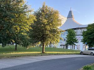 a tree on the side of a road in front of a building at Bergblick in Masserberg