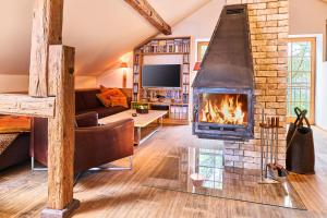 sala de estar con chimenea y sofá en Appartement Alpine Affair, en Bad Feilnbach