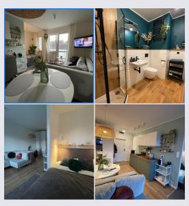 a collage of four pictures of a room at cosy condo 5 min do plaży z balkonem Gdynia in Gdynia