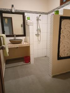 a bathroom with a sink and a shower with a mirror at Rumah Askara in Lovina