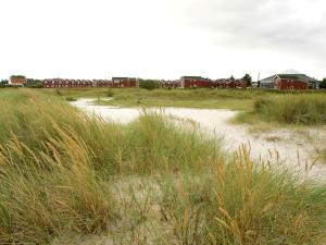 6 person holiday home in Hadsund في Hadsund: شاطئ ذو عشب طويل وبيوت في الخلفية