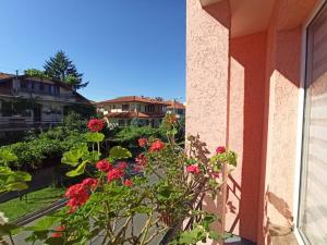 a view from the balcony of a house with flowers at Art Villa Rozalia in Ravda