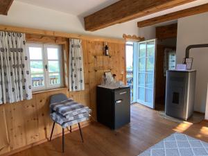 sala de estar con paredes de madera, nevera y silla en Appartement Georgiberg, en Ehrenhausen