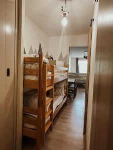 a room with several bunk beds in a room at LA FOUX D'ALLOS Centre station, vue panoramique Quartier les étoiles 50m des remontées in Allos
