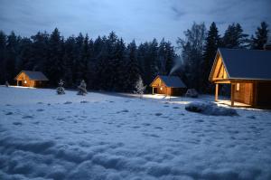 two wooden cabins in a snowy field with trees at Tõrvaaugu Holiday Homes in Mägede