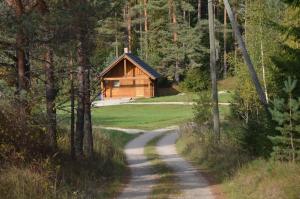 a path leading to a wooden cabin in the woods at Tõrvaaugu Holiday Homes in Mägede +11 photos