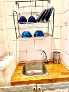 eine Küchentheke mit einer Spüle und Küchenutensilien in der Unterkunft Boutique studio flat at city center in Budapest