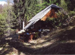 a wooden cabin on a hill in a forest at Architect`s Cottage - serenity and greenery in the highlands in Soča