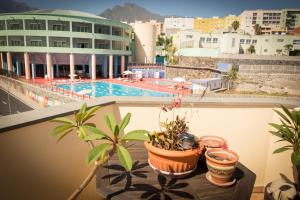 balkon z doniczkami i basenem w obiekcie Penthouse La Palmita - Tazacorte, La Palma w mieście Tazacorte