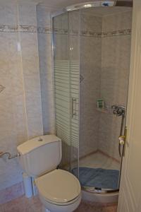 a bathroom with a toilet and a shower at Corinthian Gulf View, Apartment 2 in Egira