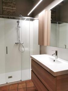 La salle de bains est pourvue d'un lavabo et d'une douche. dans l'établissement Habitació polivalent al centre de Manresa, à Manresa