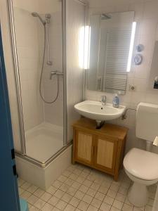 a bathroom with a sink and a shower and a toilet at Fehmarn-OstseeferienFewo Pfeiffer184 in Burgtiefe auf Fehmarn 