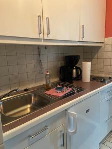 a kitchen counter with a sink and a stove at Fehmarn-OstseeferienFewo Pfeiffer184 in Burgtiefe auf Fehmarn 