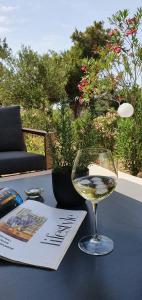 una copa de vino sentada en una mesa con un libro en Holiday house Manoka, en Mali Lošinj