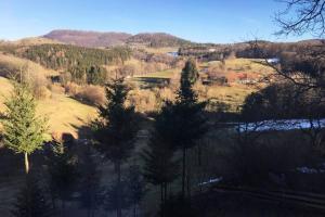 Blick auf einen Hügel mit Bäumen und ein Feld in der Unterkunft Ferienwohnung mit fantastischem Ausblick & SmartTv in Waldstetten