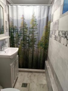 a bathroom with a shower curtain with a forest at Casa Tâmplarului 