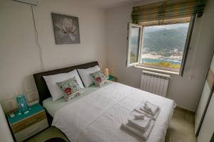 a bedroom with a white bed with a window at Apartments Mitrovic in Lustica