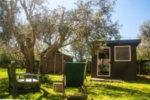 einen Hinterhof mit zwei Stühlen und einem winzigen Haus in der Unterkunft Figueirinha Ecoturismo in Montes da Estrada