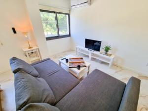 Una sala de estar con un sofá y un televisor. en Happy Homes Paradise, en Lárnaca