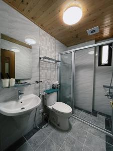 ein Badezimmer mit Toilette, Waschbecken und Dusche in der Unterkunft Donggang Homestay-Dongfan in Donggang