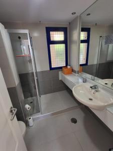 a bathroom with a sink and a shower at Lovely Mojácar Playa in Mojácar