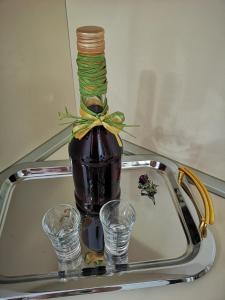 a bottle of wine in a sink with two glasses at Apartman Sunny in Cetinje