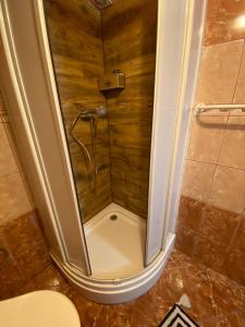 a shower with a glass door in a bathroom at Apartmán Drievko in Terchová