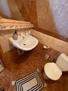La salle de bains est pourvue d'un lavabo et de toilettes. dans l'établissement Apartmán Drievko, à Terchová