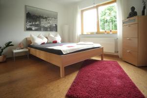 a bedroom with a bed and a red rug at Ferienwohnung Schwarzwaldblick in Bühlertal