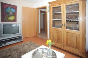 ein Wohnzimmer mit einem TV und einer Vase auf dem Tisch in der Unterkunft Ferienwohnung Schwarzwaldblick in Bühlertal