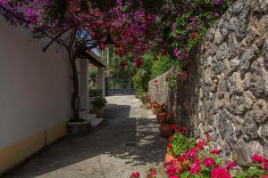 a pathway with flowers and a stone wall at Emmy villa paleokastritsa in Paleokastritsa