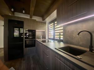a kitchen with a sink and a black refrigerator at Chalet Rosa in Ružiná