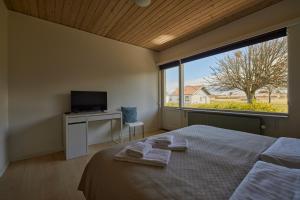 ein Schlafzimmer mit Bett, Fernseher und Fenster in der Unterkunft Strandhotel Klitrosen in Fjerritslev + 87 Fotos