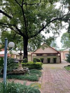 um parque com uma árvore e uma fonte em frente a um edifício em Gerty's em Pretoria